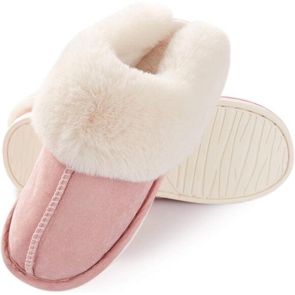 Women's Light Pink Winter Warm Fluffy Cozy Memory Foam Slip On Slippers Shoes - Picture 3 of 6